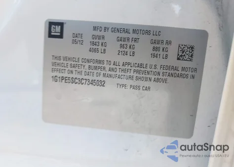 2012 Chevrolet Cruze Lt из США, поврежденный, VIN 1G1PE5SC3C7345032